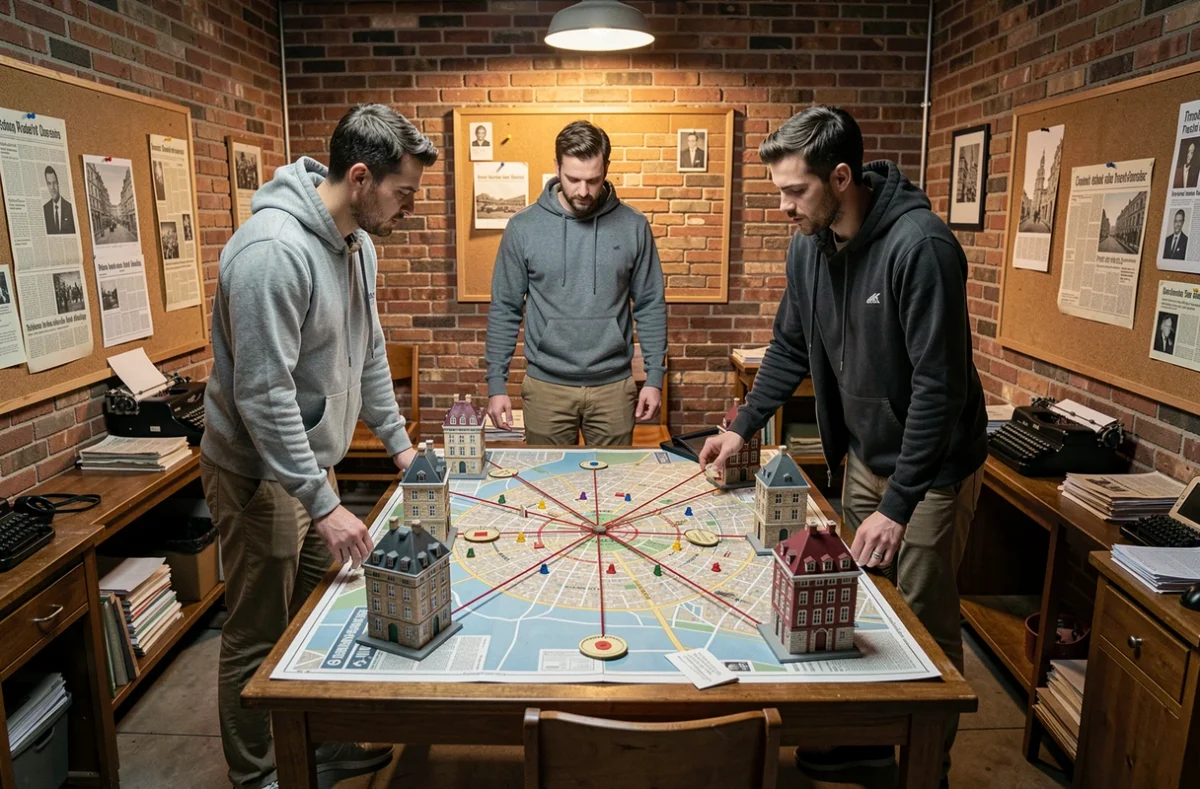 Groupe de joueurs explorant une salle thématique urbaine avec carte de Toulouse et indices dans Enigma City