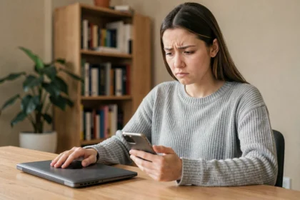 Jeune femme sceptique regardant son smartphone en se demandant comment envoyer un SMS gratuit sans numéro de téléphone