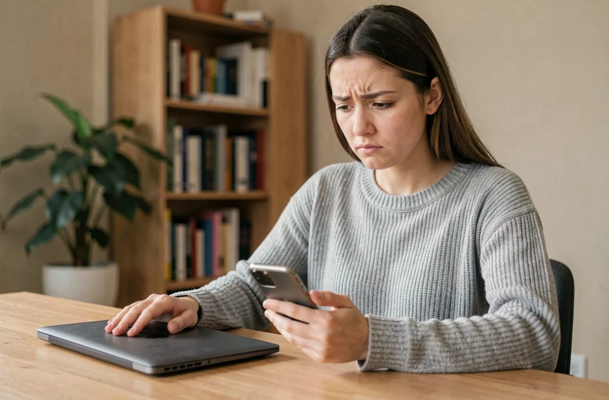 Jeune femme sceptique regardant son smartphone en se demandant comment envoyer un SMS gratuit sans numéro de téléphone