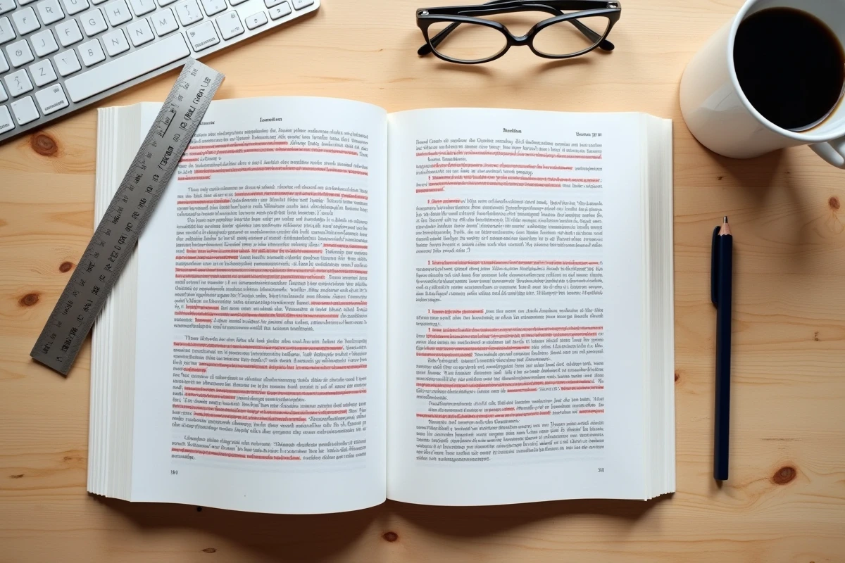 Vue aérienne d'épreuves de livre annotées avec des erreurs de mise en page corrigées au crayon rouge avant impression
