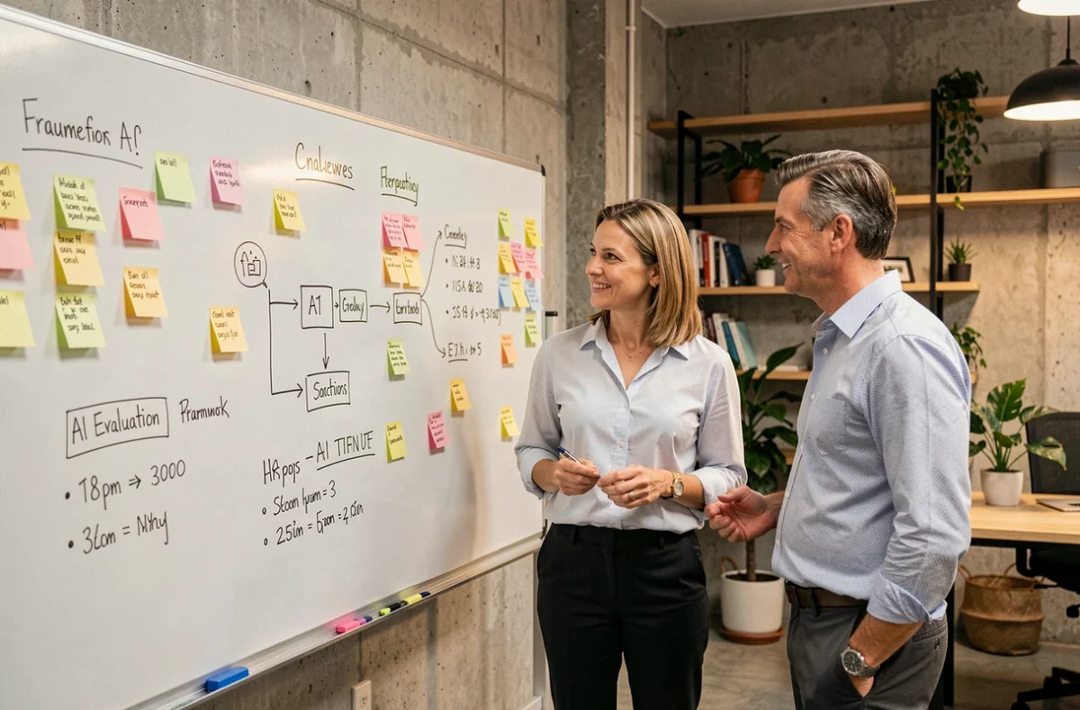 Équipe de décideurs collaborant autour d'un tableau blanc pour évaluer un projet d'intelligence artificielle