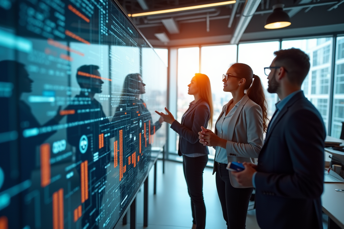 Groupe d'ingénieurs discutant de visualisations de données dans un bureau moderne