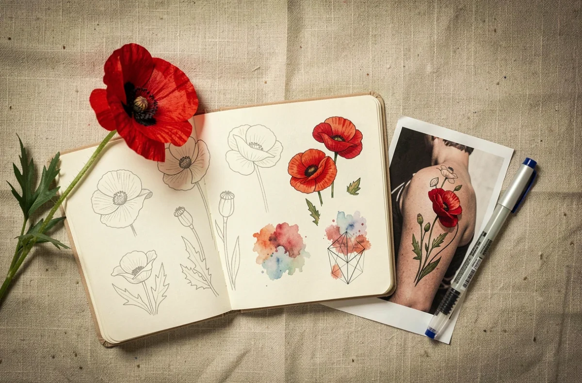 Mise en page artistique avec un coquelicot frais et des esquisses de tatouages mémoriels dans un carnet de dessin