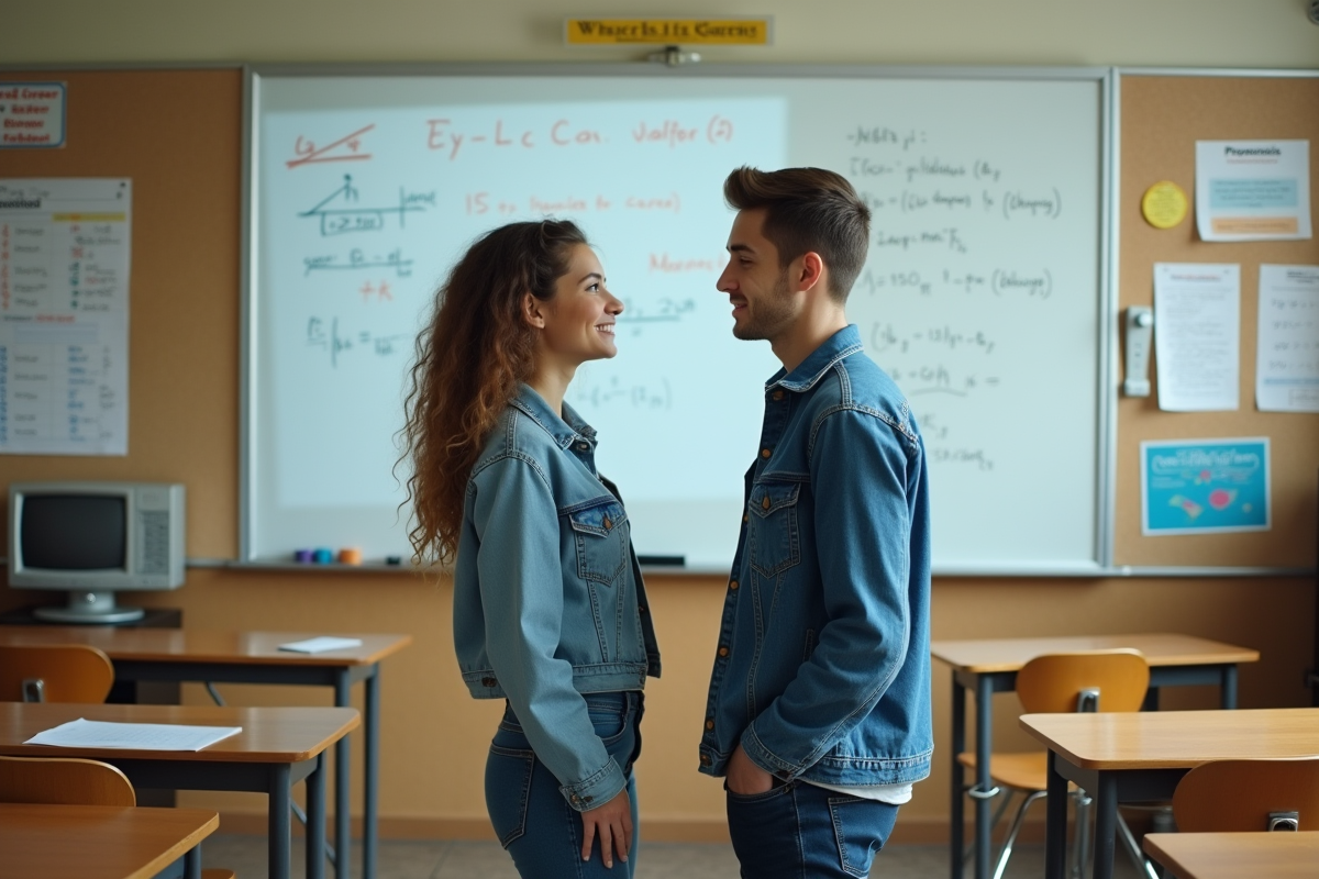 Jeune femme et homme étudiants devant tableau blanc
