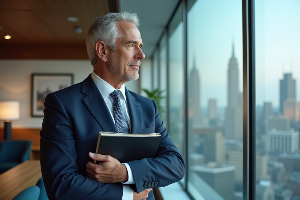 Executif immobilier regardant la ville depuis son bureau