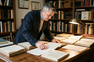 Expert en train d'analyser des textes académiques sur les origines et codes de Yelaszozjindofo dans une bibliothèque privée