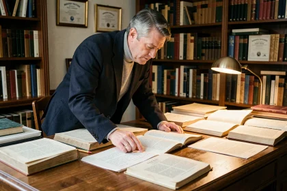 Expert en train d'analyser des textes académiques sur les origines et codes de Yelaszozjindofo dans une bibliothèque privée