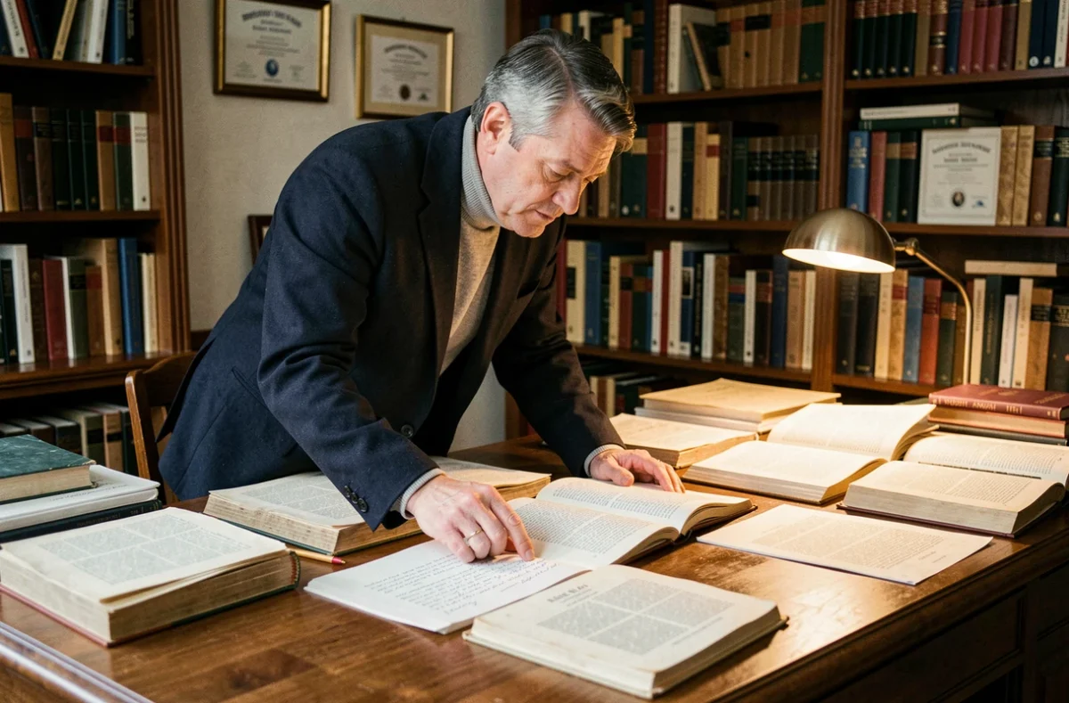 Expert en train d'analyser des textes académiques sur les origines et codes de Yelaszozjindofo dans une bibliothèque privée
