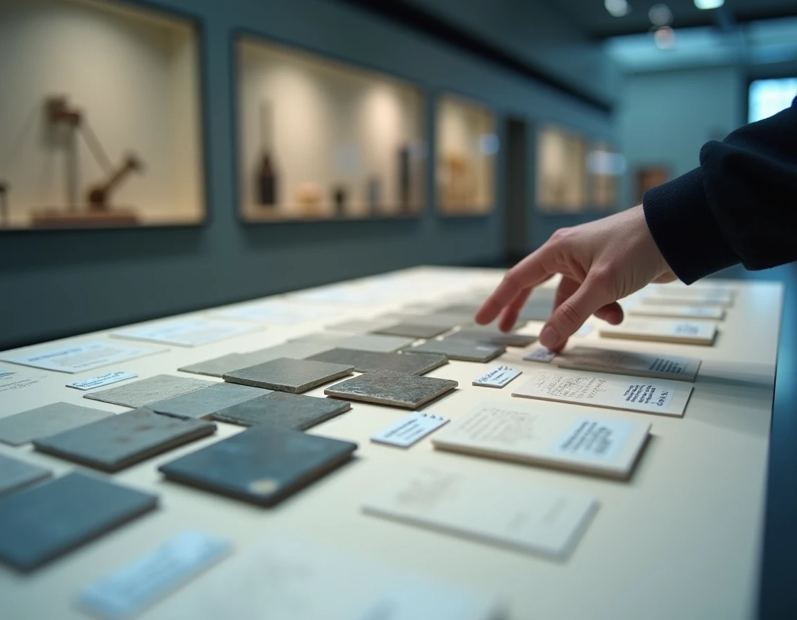 Exposition de musée scientifique présentant des carreaux de céramique en dégradé de gris neutre et gris coloré pour illustrer la perception chromatique