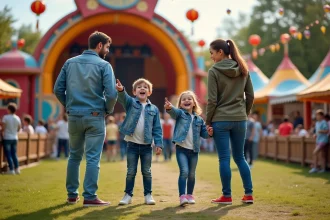 Famille avec deux enfants devant une scène de spectacle colorée lors d'un festival familial en plein air