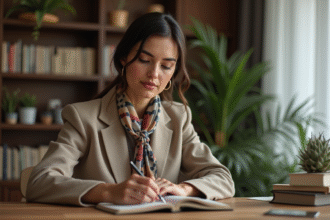Femme élégante arrangeant accessoires dans un salon cosy