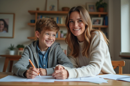 Femme et adolescent souriants à la table en famille