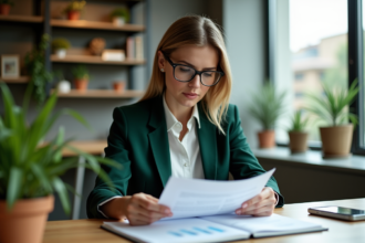 Femme d'affaires lisant des rapports ESG dans un bureau moderne