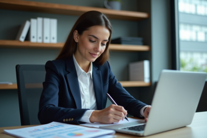 Jeune femme d'affaires examinant des graphiques financiers