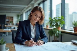 Femme d'affaires en costume bleu examinant un plan dans un bureau lumineux