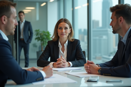 Femme d affaires en réunion avec collègues masculins