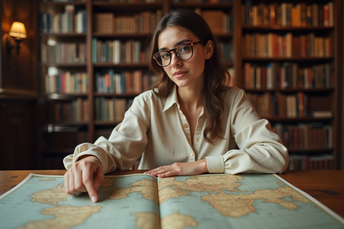 Jeune femme étudiant un atlas géographique en bibliothèque pour comparer la superficie des pays