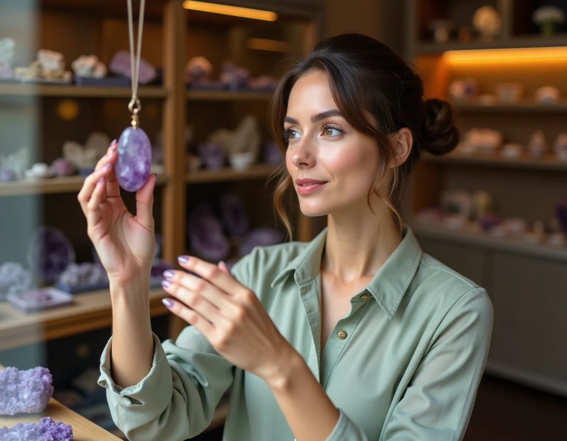 Femme examinant un pendentif en améthyste polie dans une boutique de pierres précieuses