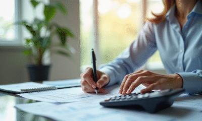 Femme élégante travaillant sur des documents financiers dans un bureau lumineux