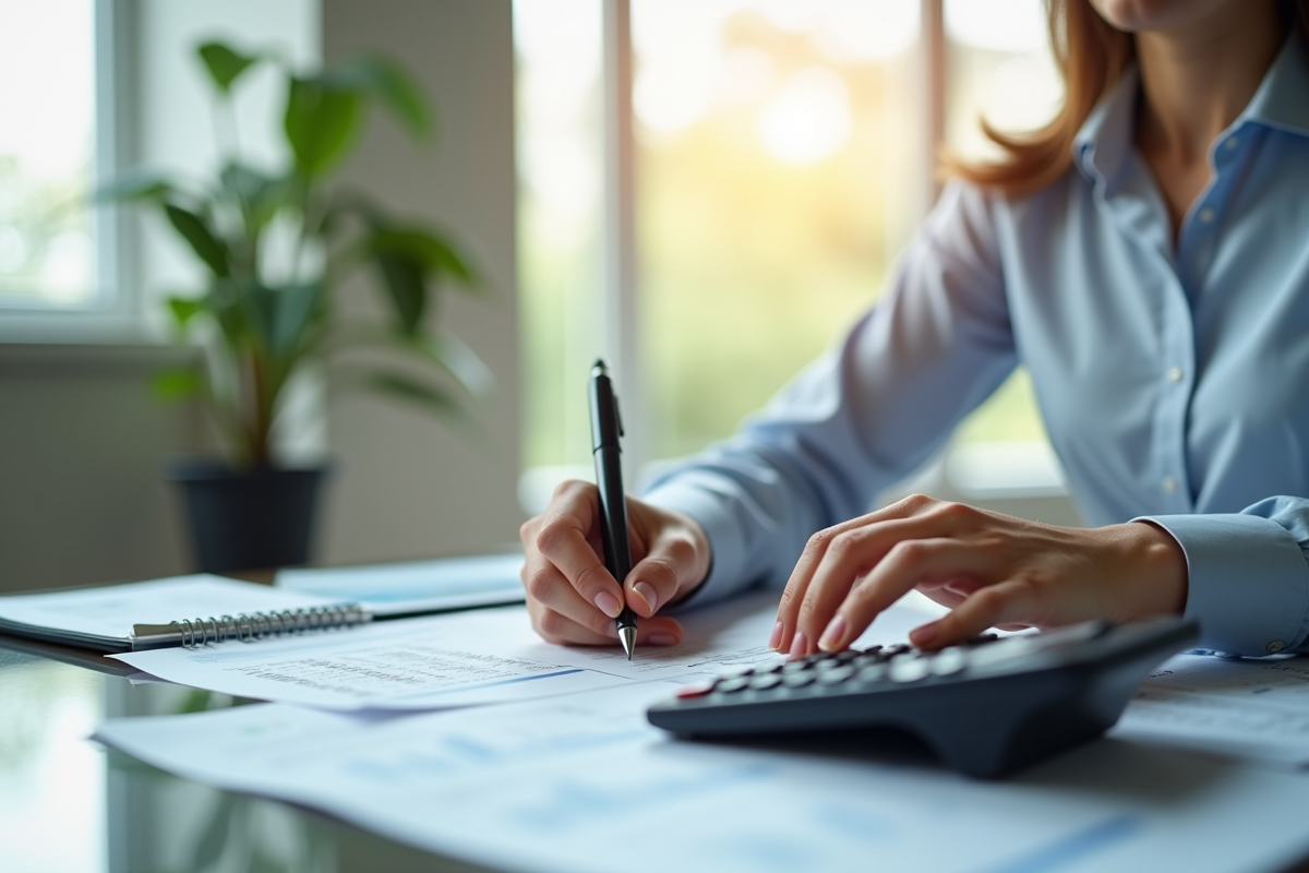 Femme élégante travaillant sur des documents financiers dans un bureau lumineux