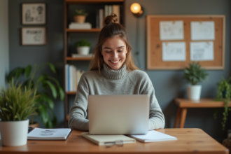 Femme souriante dans son bureau à domicile