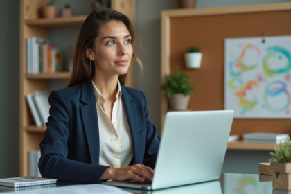 Jeune femme en blazer travaillant sur un laptop dans un bureau moderne