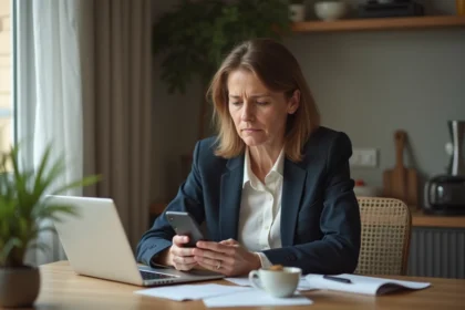 Femme d'âge moyen utilisant son smartphone à la maison