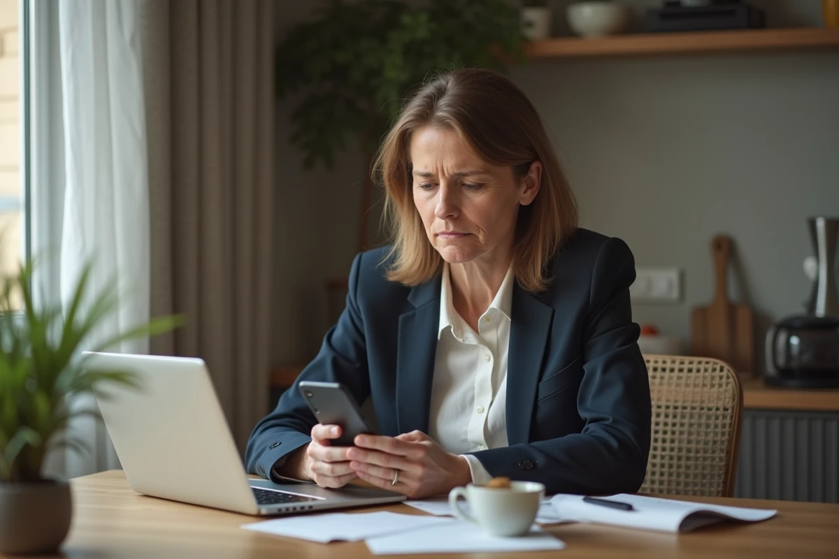 Femme d'âge moyen utilisant son smartphone à la maison