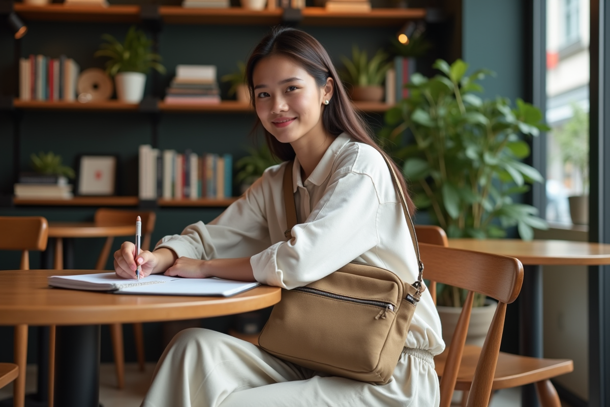 Jeune femme avec sac en toile dans un café cosy
