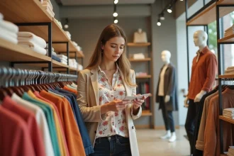 Femme tenant une carte Kadéos Edenred dans une boutique de mode française moderne