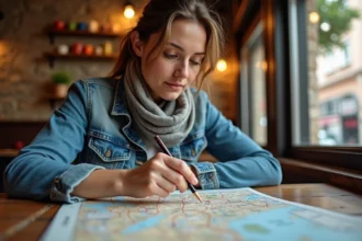 Femme examinant une carte de Toulouse dans un café charmant