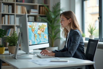 Femme en bureau utilisant une carte numérique pour la cartographie
