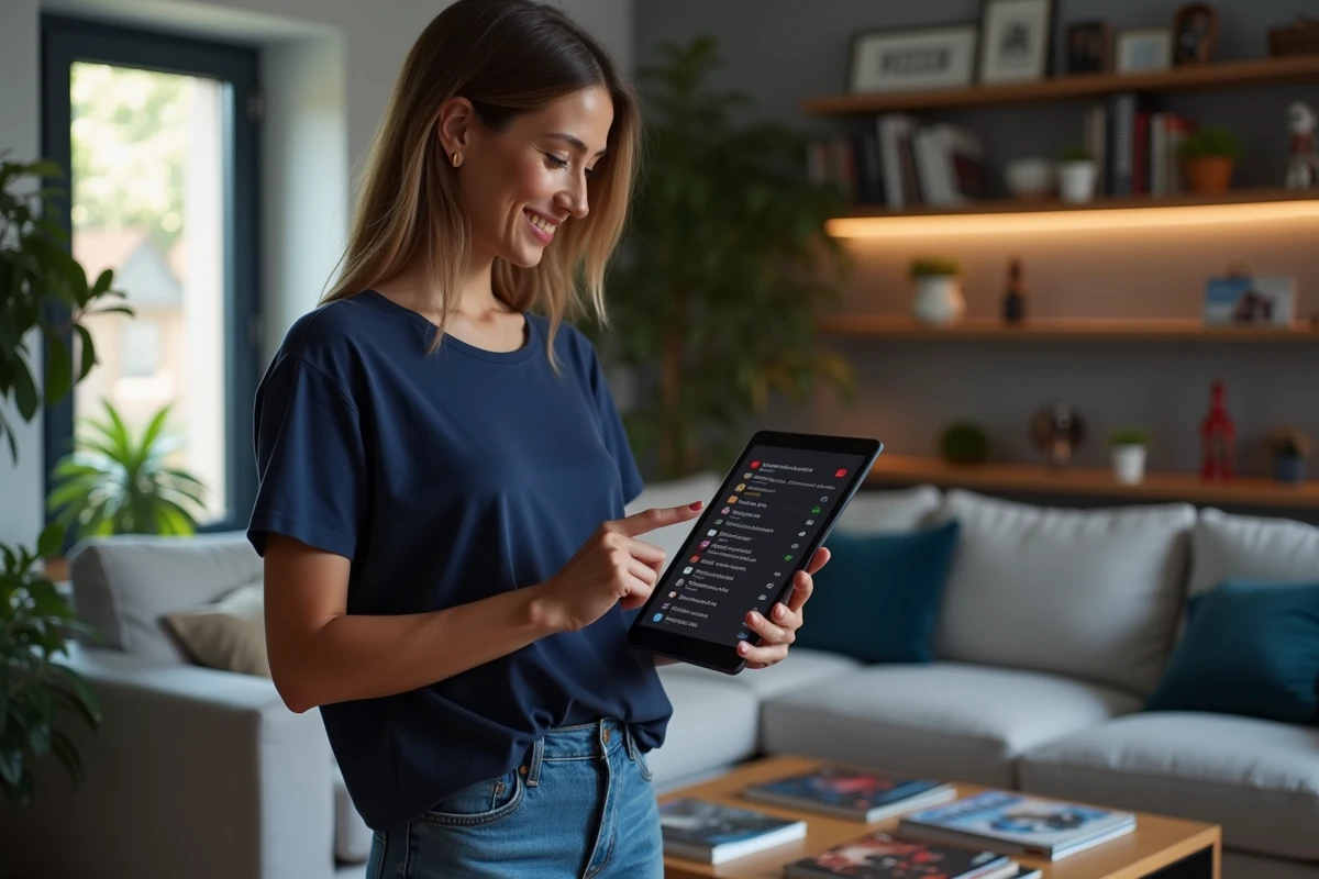 Femme expliquant le casting des films Spider-Man sur une tablette numérique dans un salon moderne