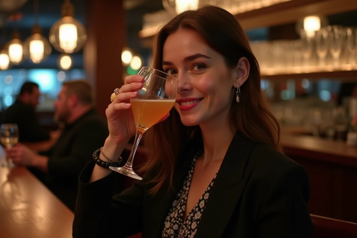 Jeune femme souriante avec cocktail au bar à Lille
