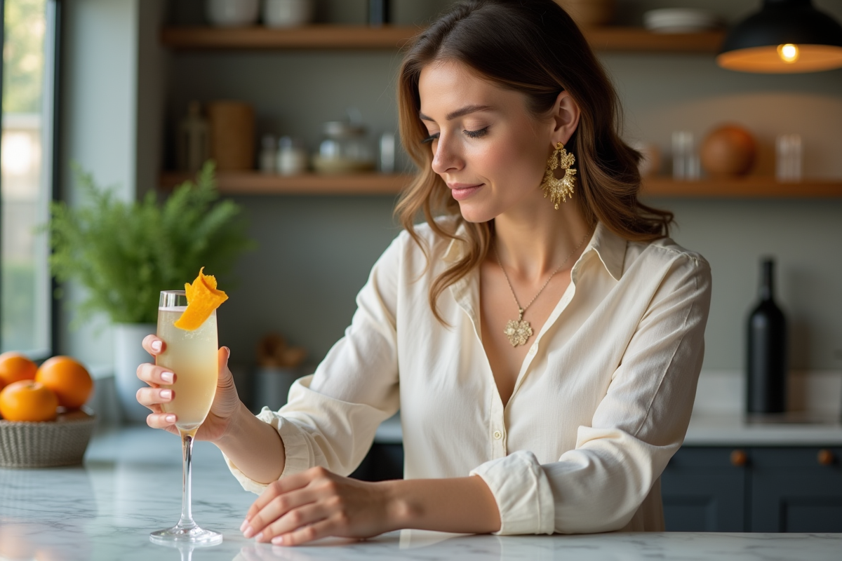 Femme élégante garnissant un cocktail prosecco avec une touche d'orange