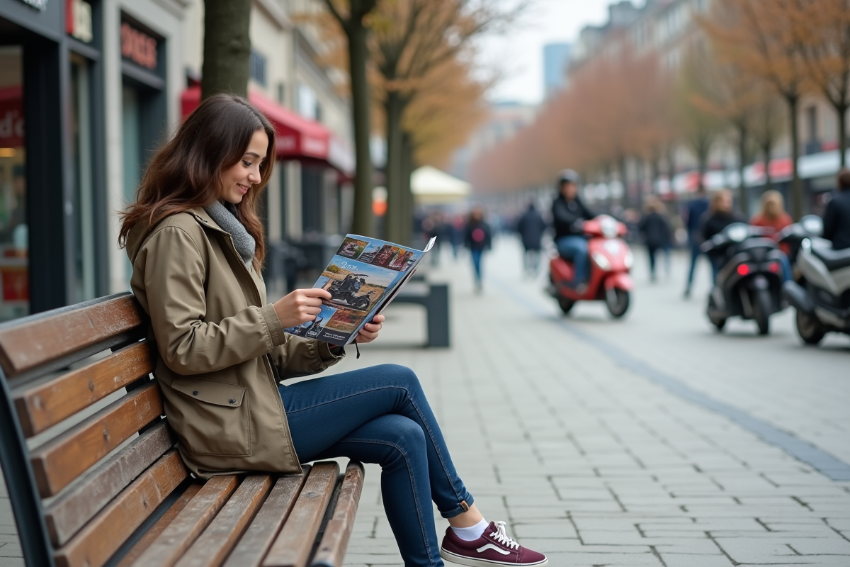 Jeune femme examinant des brochures de motos 50 cc dans une place urbaine