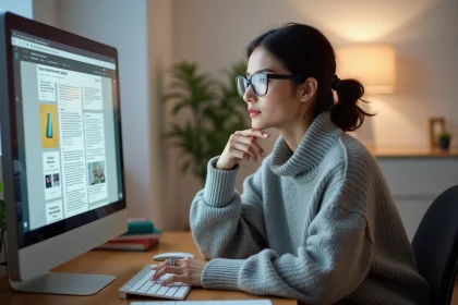 Femme concentrée devant un écran d'ordinateur consultant du contenu web dans un bureau minimaliste