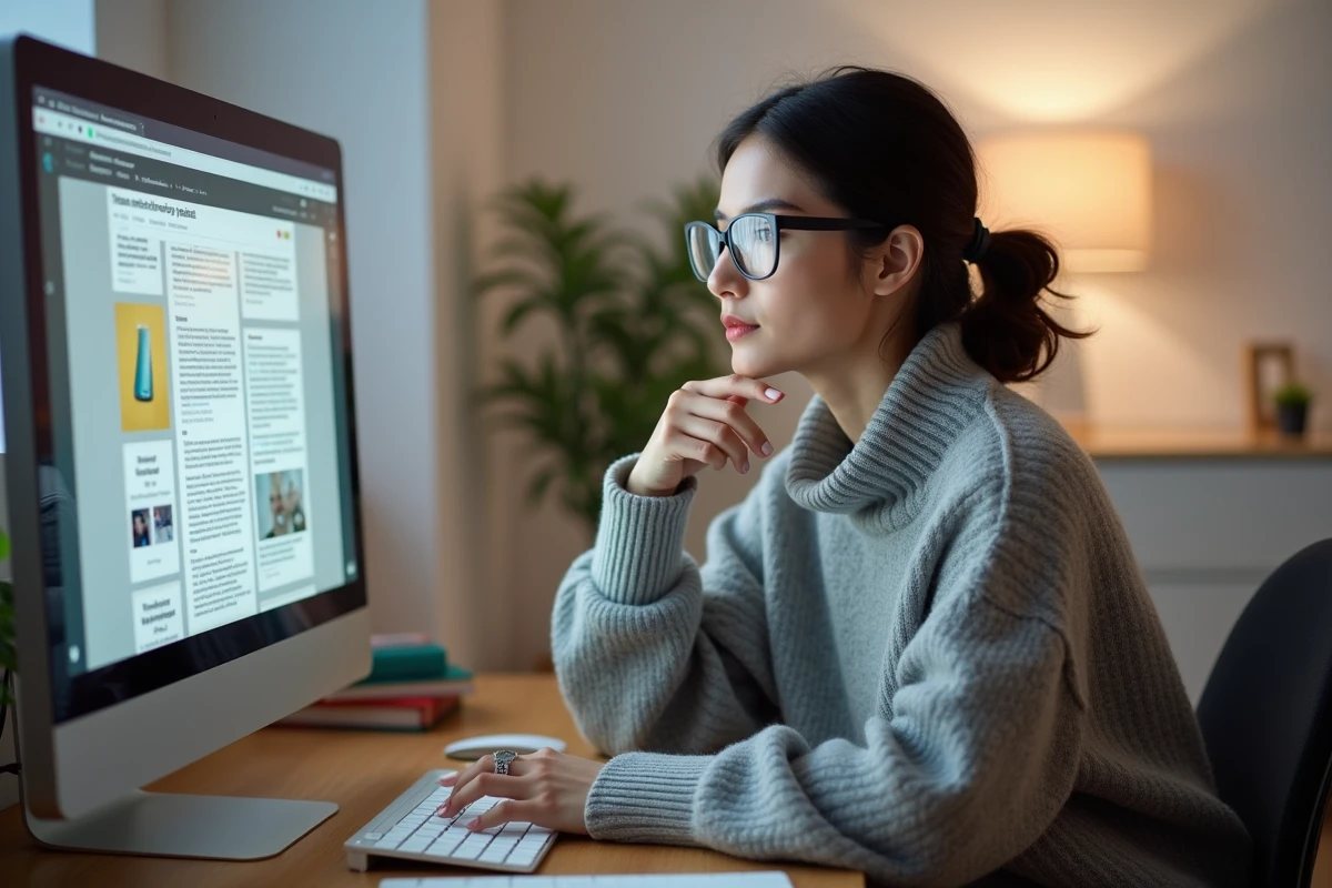 Femme concentrée devant un écran d'ordinateur consultant du contenu web dans un bureau minimaliste
