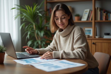 Femme d'une trentaine d'années examine ses contrats de location