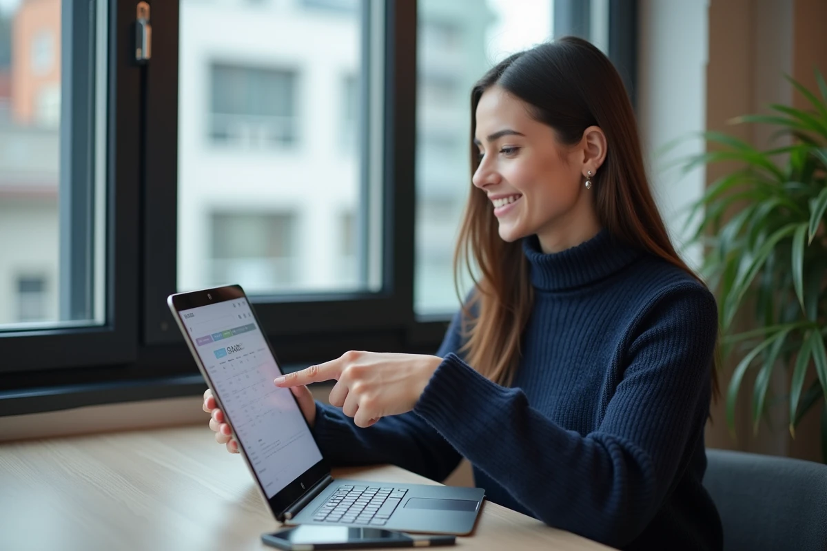Jeune femme pointe un calendrier numérique sur tablette