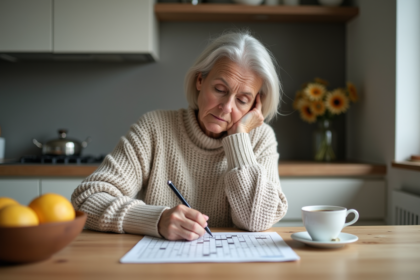 Femme d'âge moyen faisant un mots croisés dans la cuisine