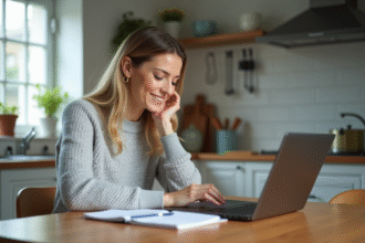 Femme assise à la cuisine moderne avec ordinateur et notes