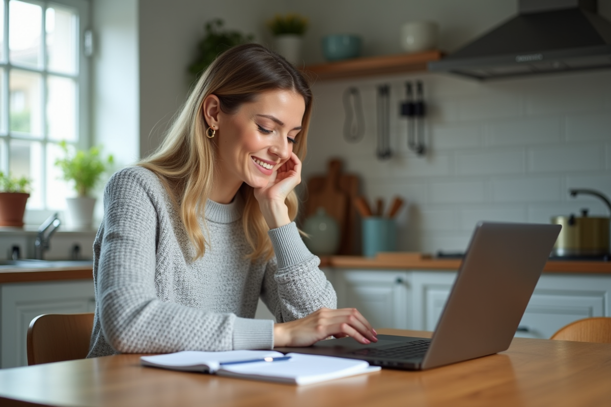 Femme assise à la cuisine moderne avec ordinateur et notes