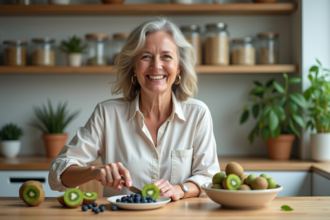 Femme souriante coupant des kiwis et myrtilles dans la cuisine