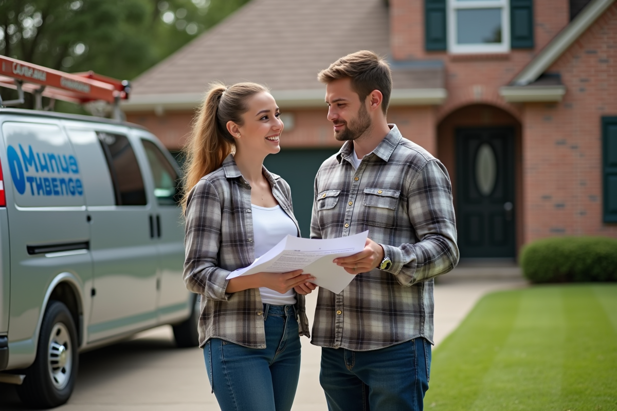Jeune femme discutant avec un électricien devant sa maison résidentielle