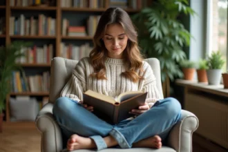 Femme assise en intérieur écrivant dans un journal