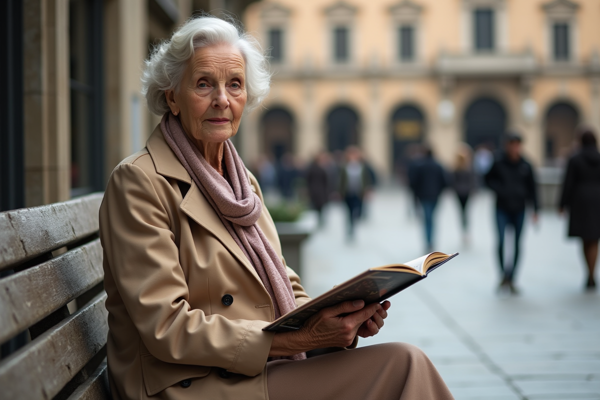 Femme élégante âgée avec trench et magazine de mode