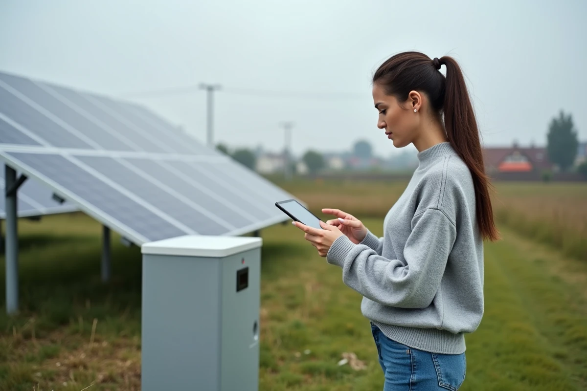 Jeune femme avec panneau solaire et stockage d énergie résidentielle