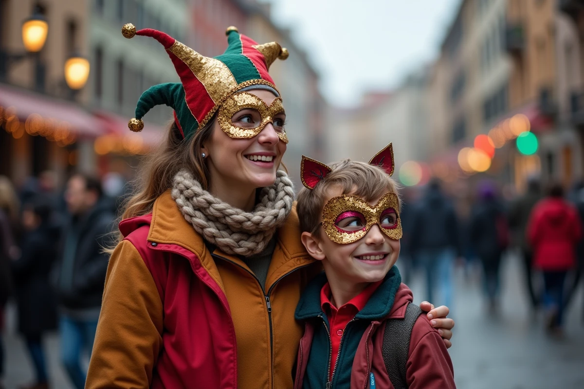 Femme et enfant avec masques de carnaval dans la ville