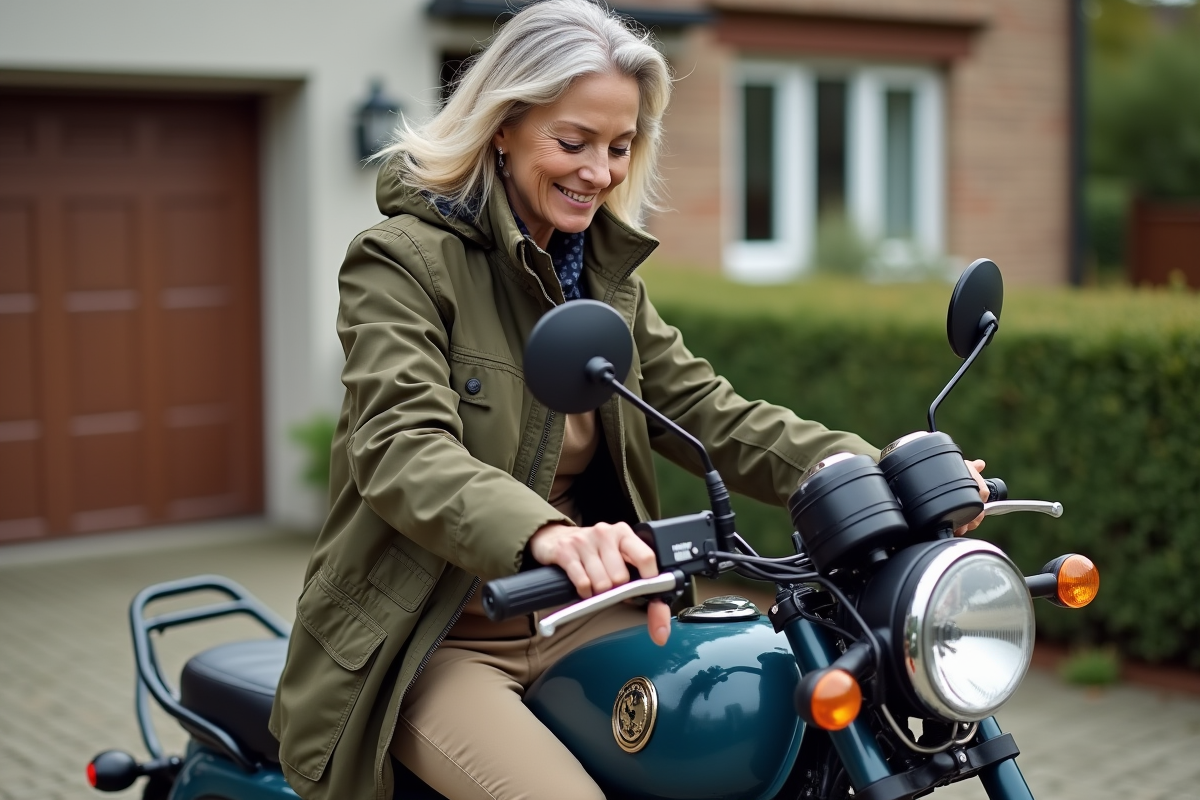 Femme nettoie une moto 125cc dans sa cour
